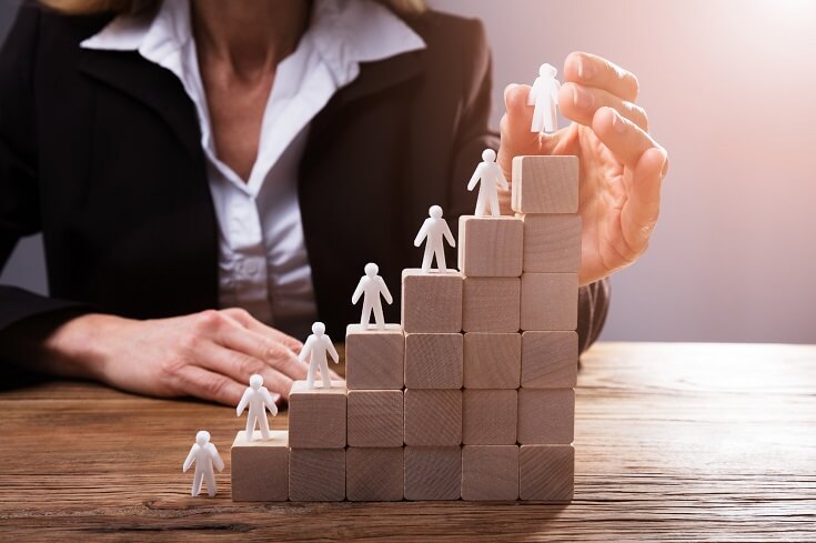 Empresario poniendo figuras humanas en la escalera